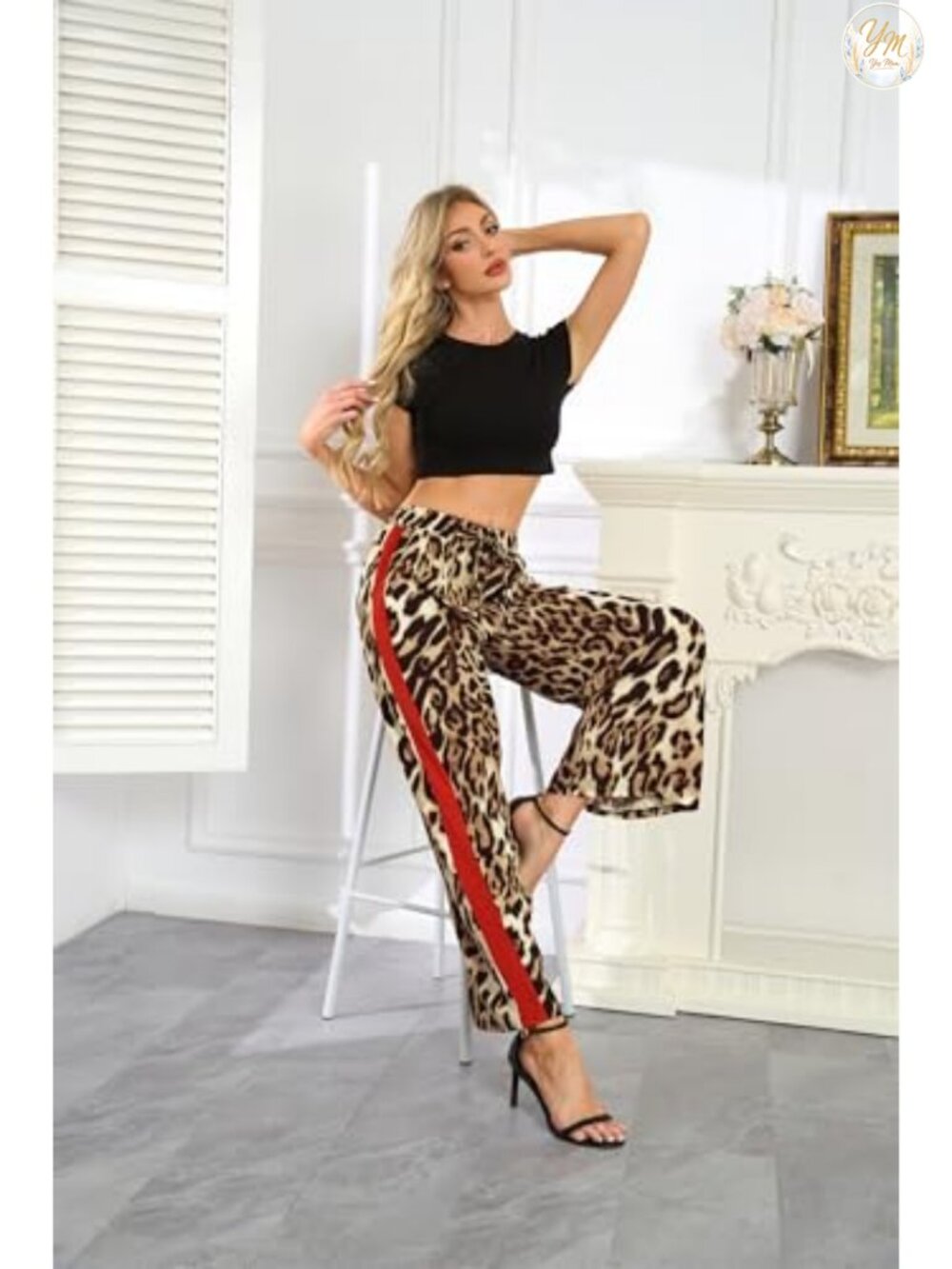 Leopard Print Wide Leg Drawstring Pants Side Stripe Casual - Picture 2 of 6